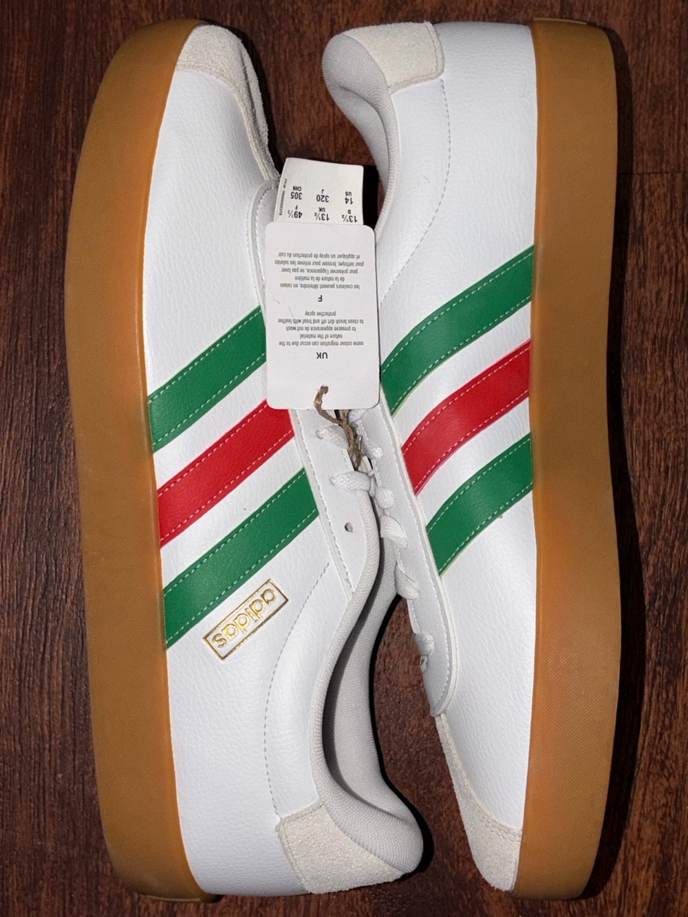 Adidas size 14 Men’s White Leather Sneakers with Green Red